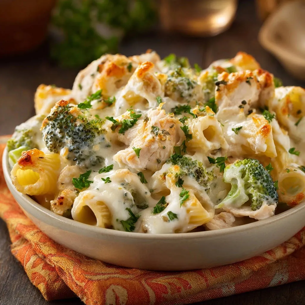 Creamy chicken & broccoli pasta bake shown in a close-up view with a rich, creamy sauce coating the pasta and broccoli.