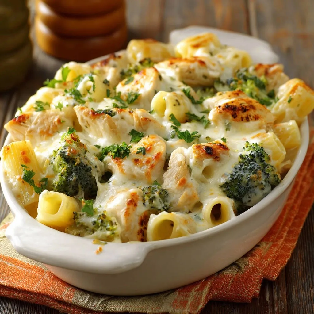 Creamy chicken and broccoli pasta bake close-up showing melted cheese and fresh parsley garnish.