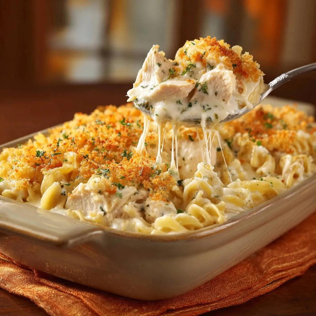 Creamy chicken & pasta bake with a cheesy pull, showing tender chicken and rotini pasta topped with breadcrumbs.