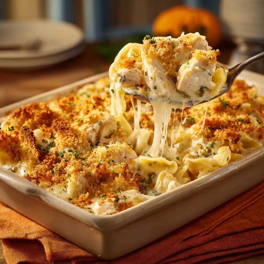 Creamy chicken and pasta bake with a spoonful being lifted, showing melted cheese stretching.