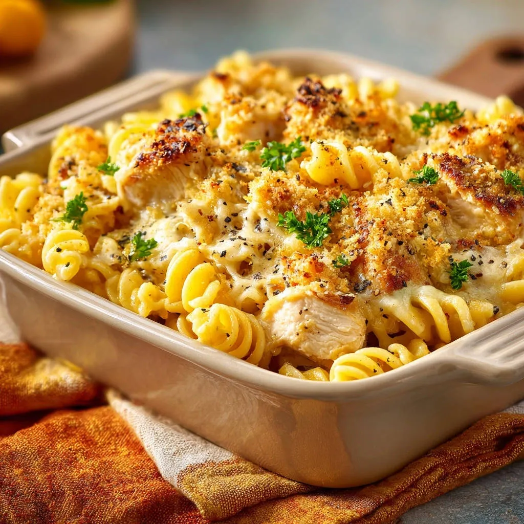 Creamy chicken pasta bake with a golden breadcrumb topping, garnished with fresh parsley.
