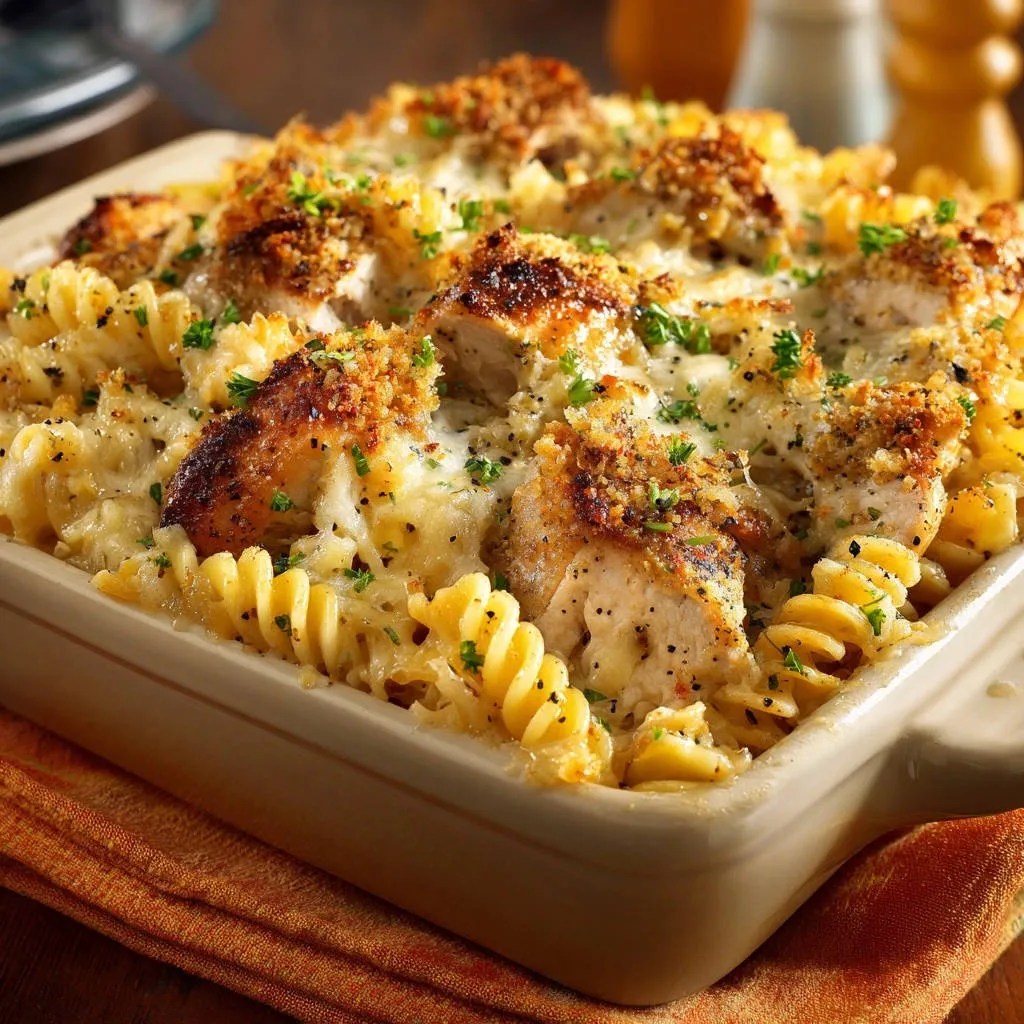 Creamy chicken pasta bake with a close-up view of the golden, breadcrumb-topped chicken pieces.
