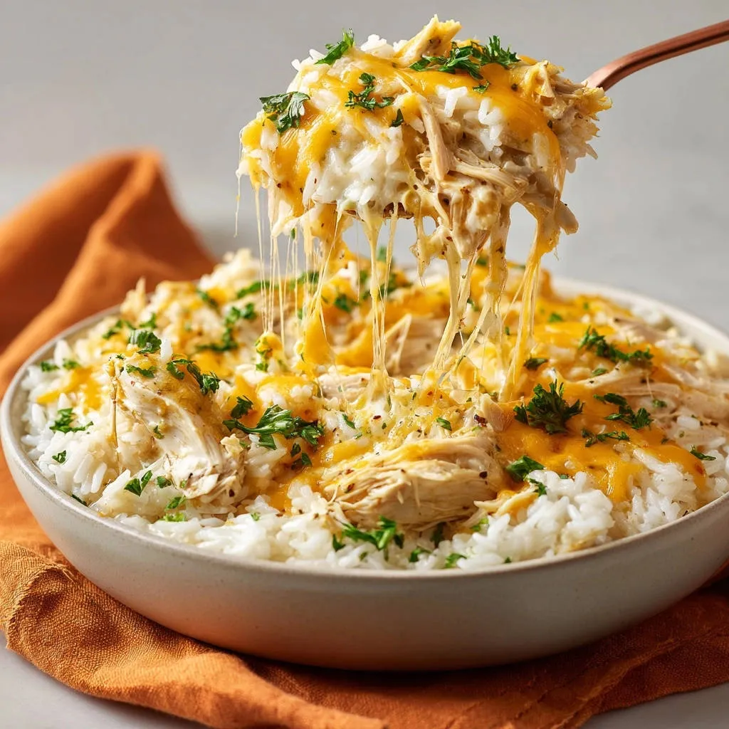 Creamy chicken and rice bake showing a cheesy, gooey pull as it's lifted from the bowl with a spoon.