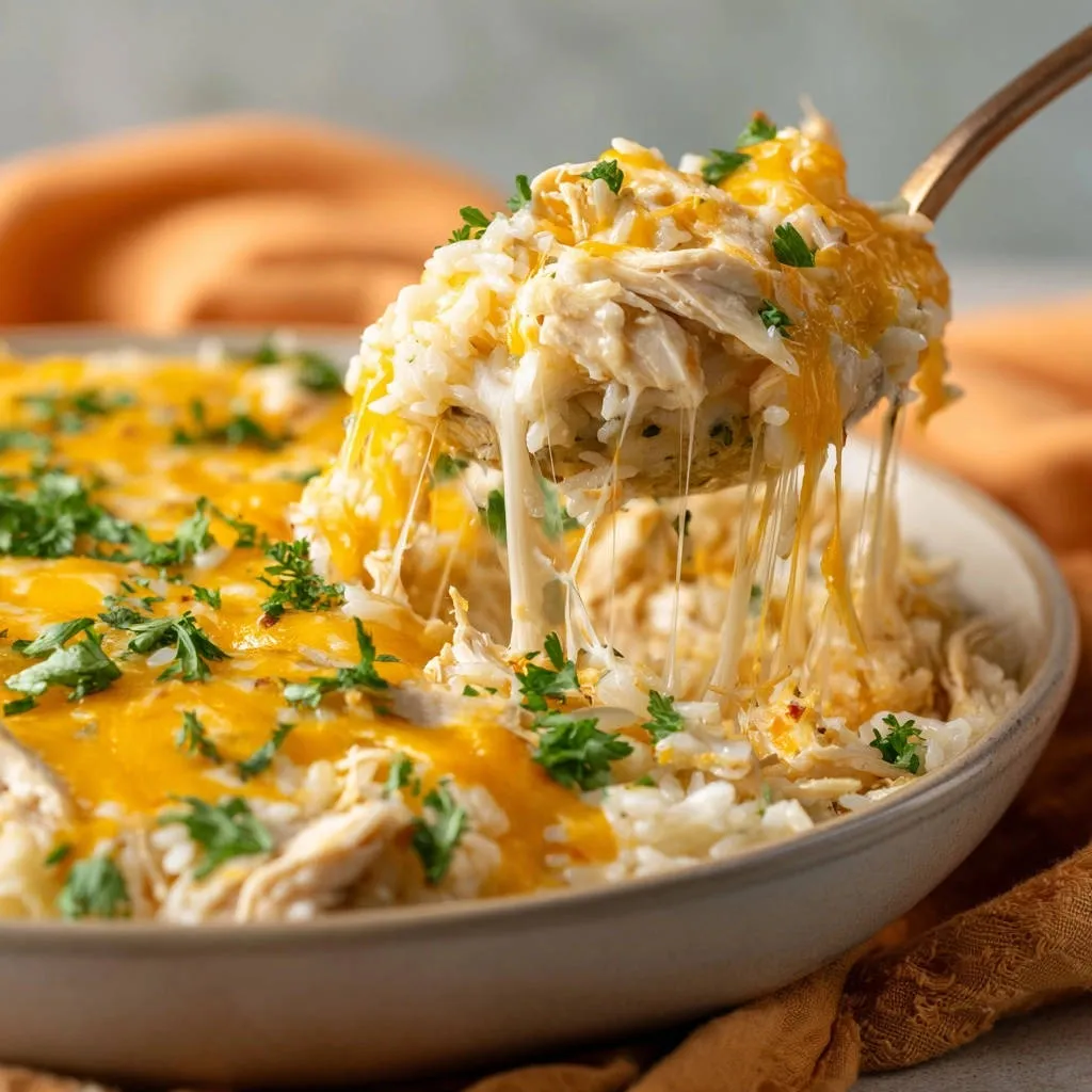 Creamy chicken and rice bake with a serving spoon lifting a cheesy portion, showing melted cheese strings.