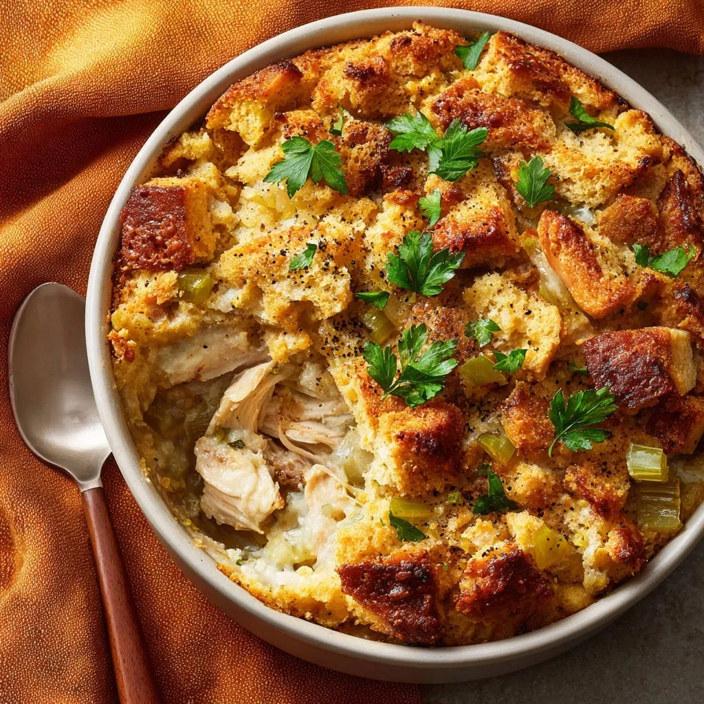 Creamy Chicken & Stuffing Bake with a golden, textured cornbread topping and fresh parsley garnish.