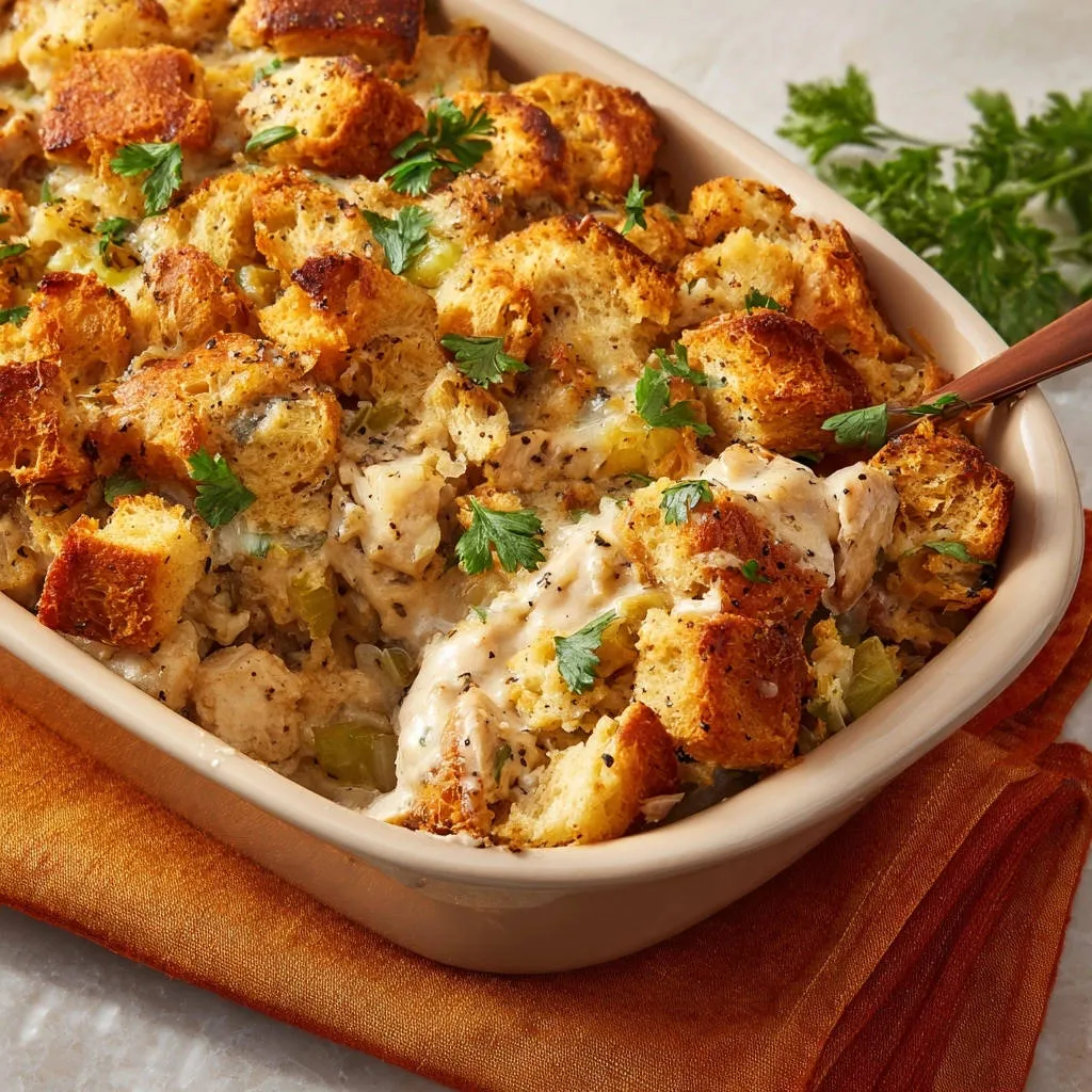 Creamy Chicken & Stuffing Bake with a close-up view of a serving being scooped out.