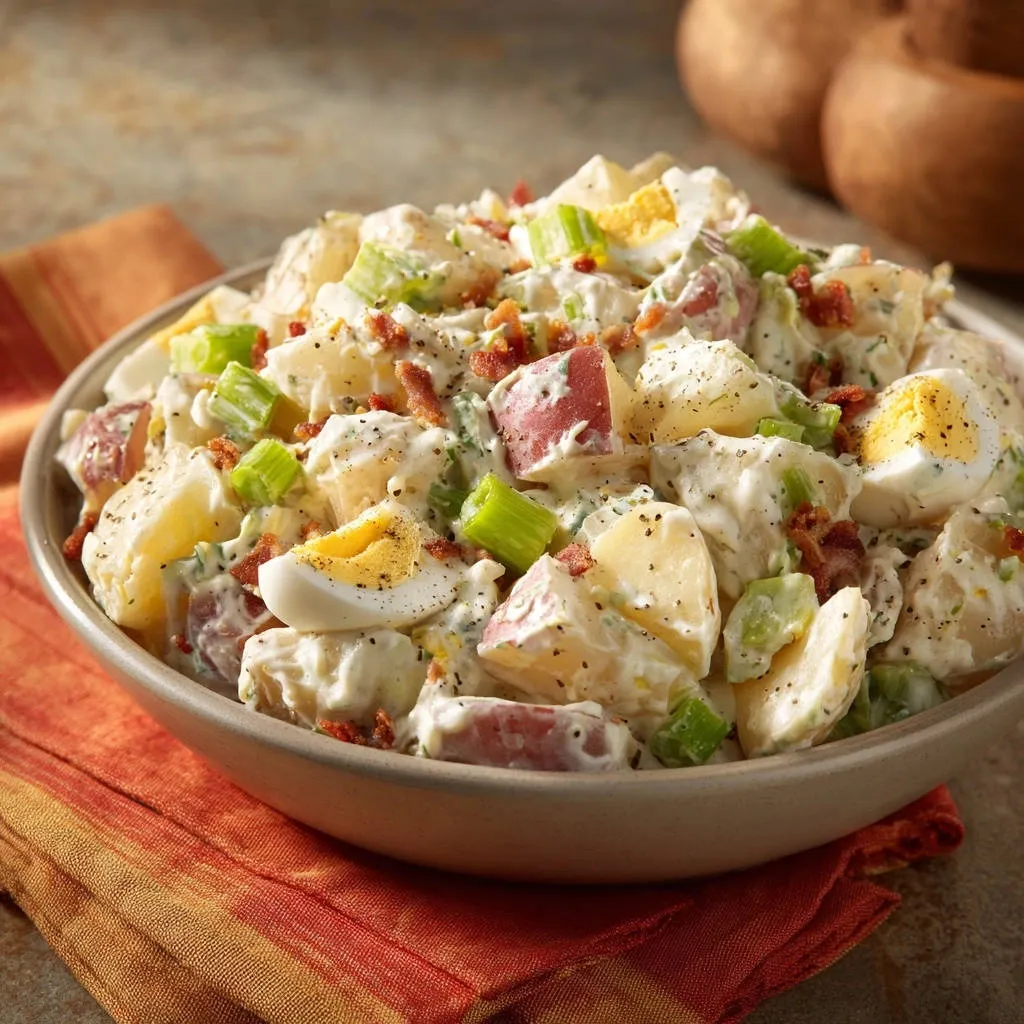 Creamy classic potato salad in a bowl, featuring chunks of red potato, hard-boiled egg, celery, and bacon bits.
