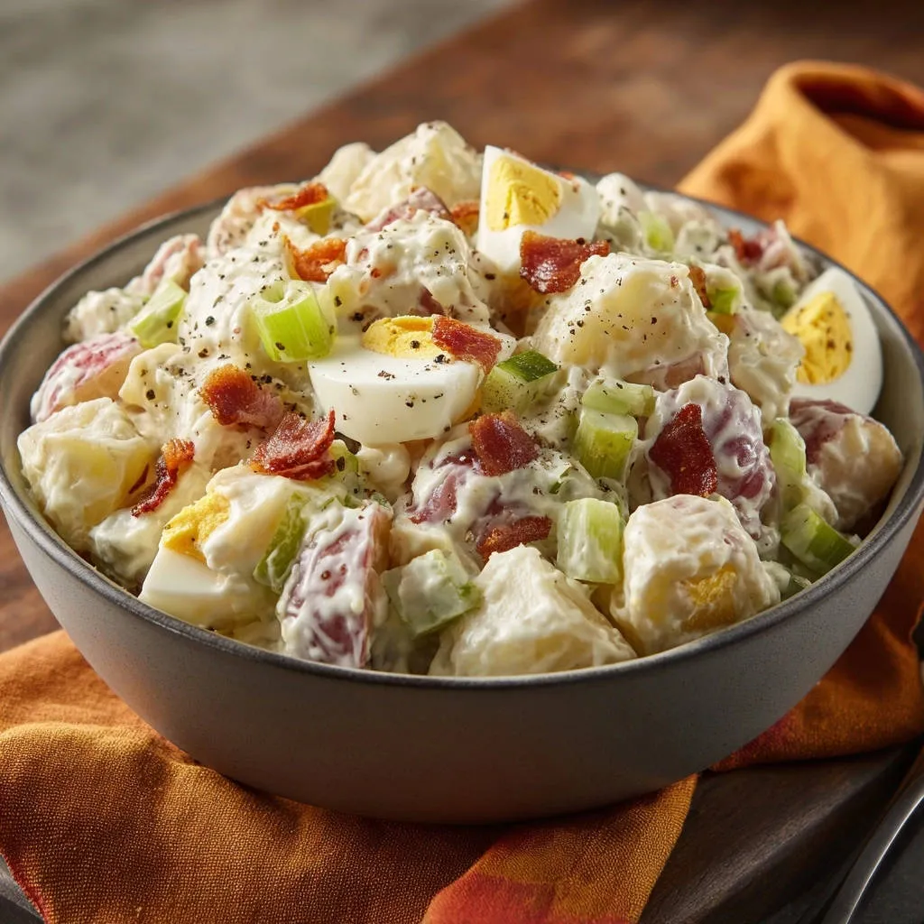 Creamy classic potato salad with bacon and hard-boiled eggs served in a close-up bowl on a rustic surface.