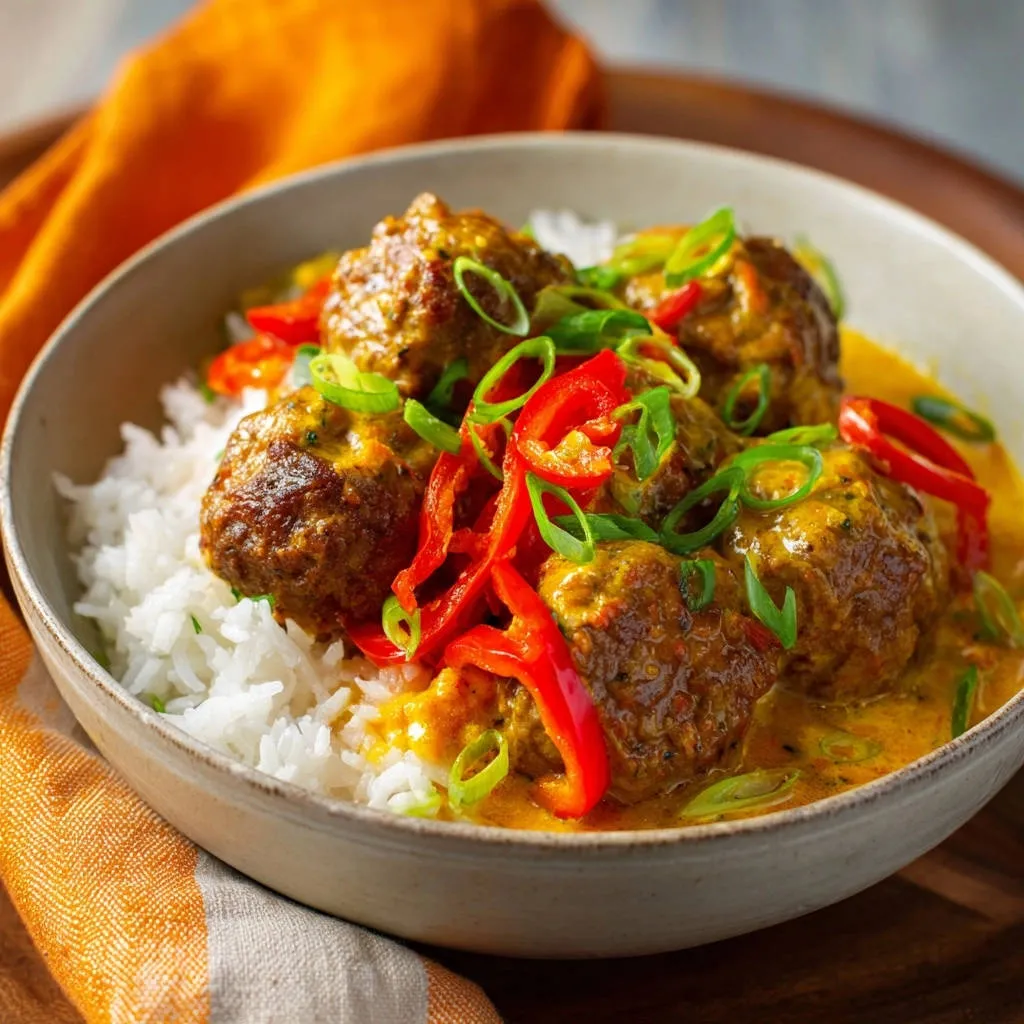 Creamy coconut curry meatballs served in a bowl over white rice, garnished with sliced red peppers and green onions.