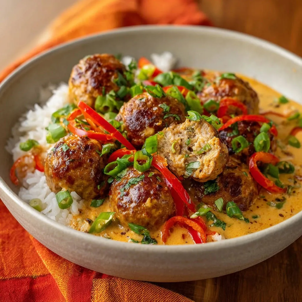 Creamy coconut curry meatballs shown in a close-up cross-section revealing the tender interior, served with rice and garnishes.