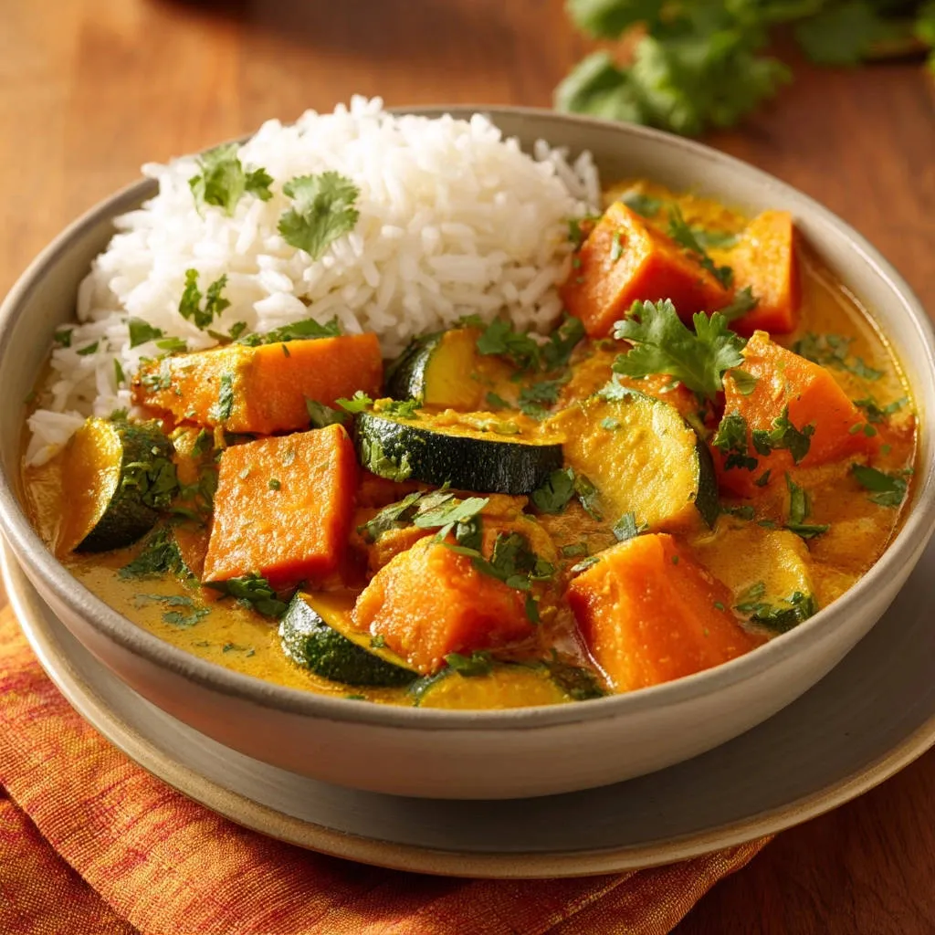 Creamy coconut sweet potato and zucchini curry served in a bowl with rice and garnished with cilantro, a close-up view.