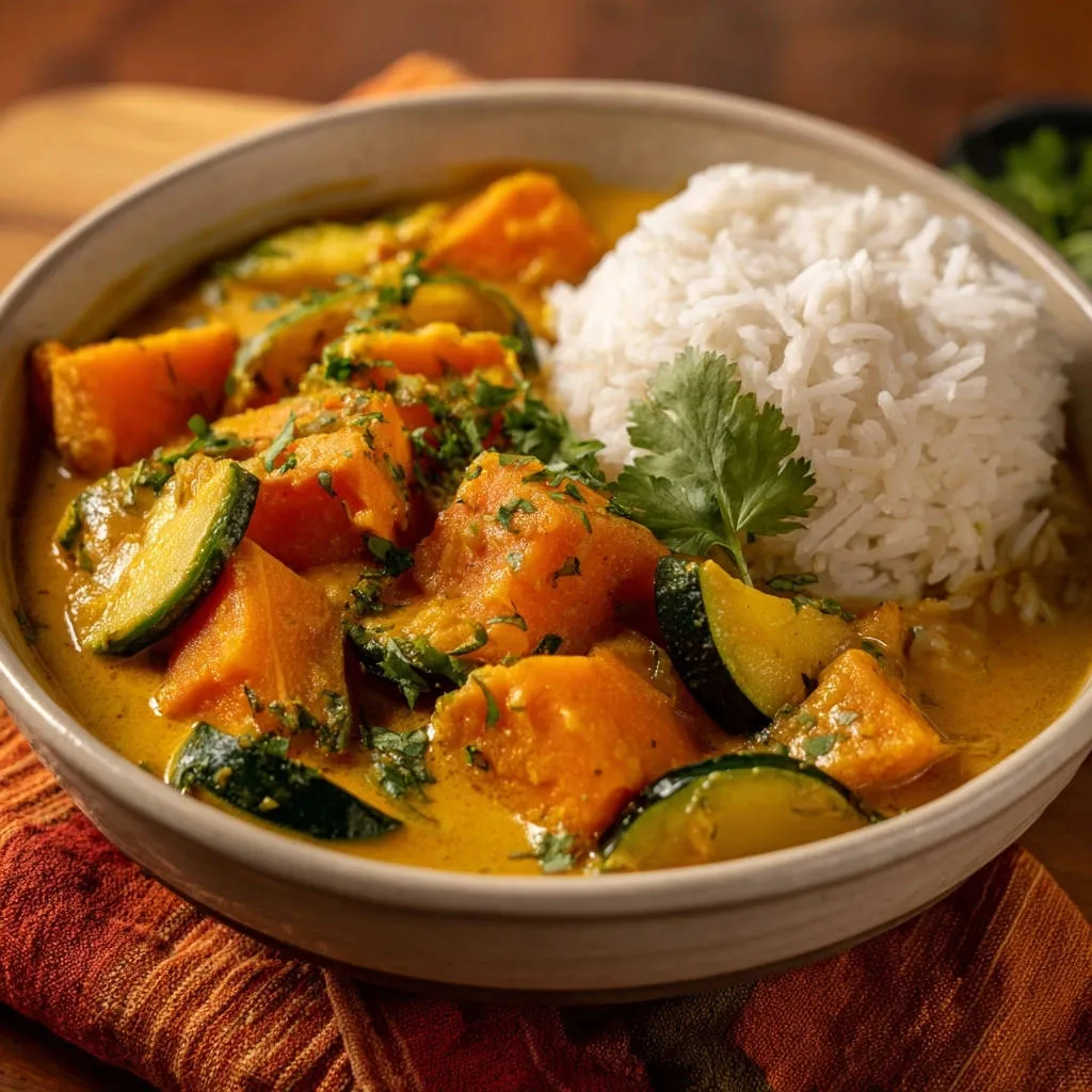 Creamy coconut sweet potato and zucchini curry served in a bowl with fluffy white rice, garnished with fresh cilantro.