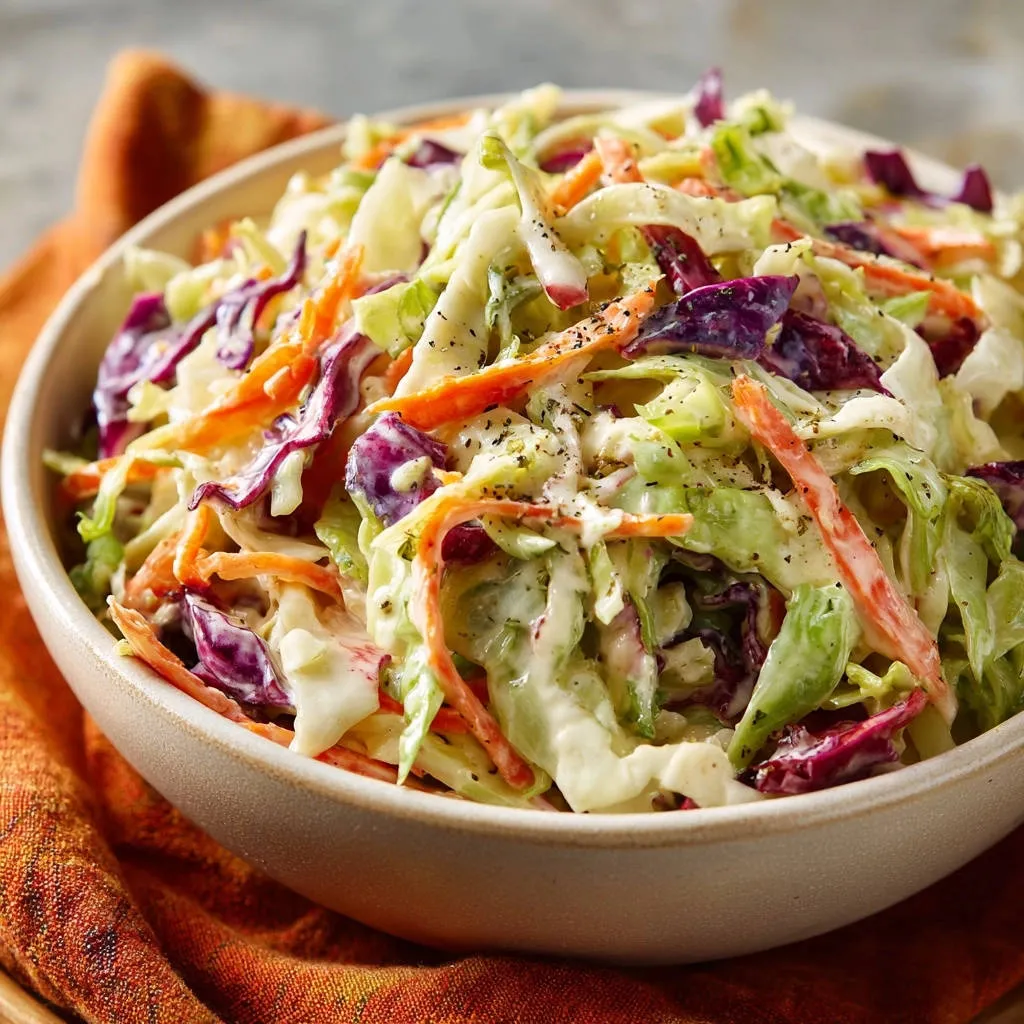 Creamy homemade coleslaw in a bowl, showing shredded cabbage, carrots, and dressing with a sprinkle of pepper.