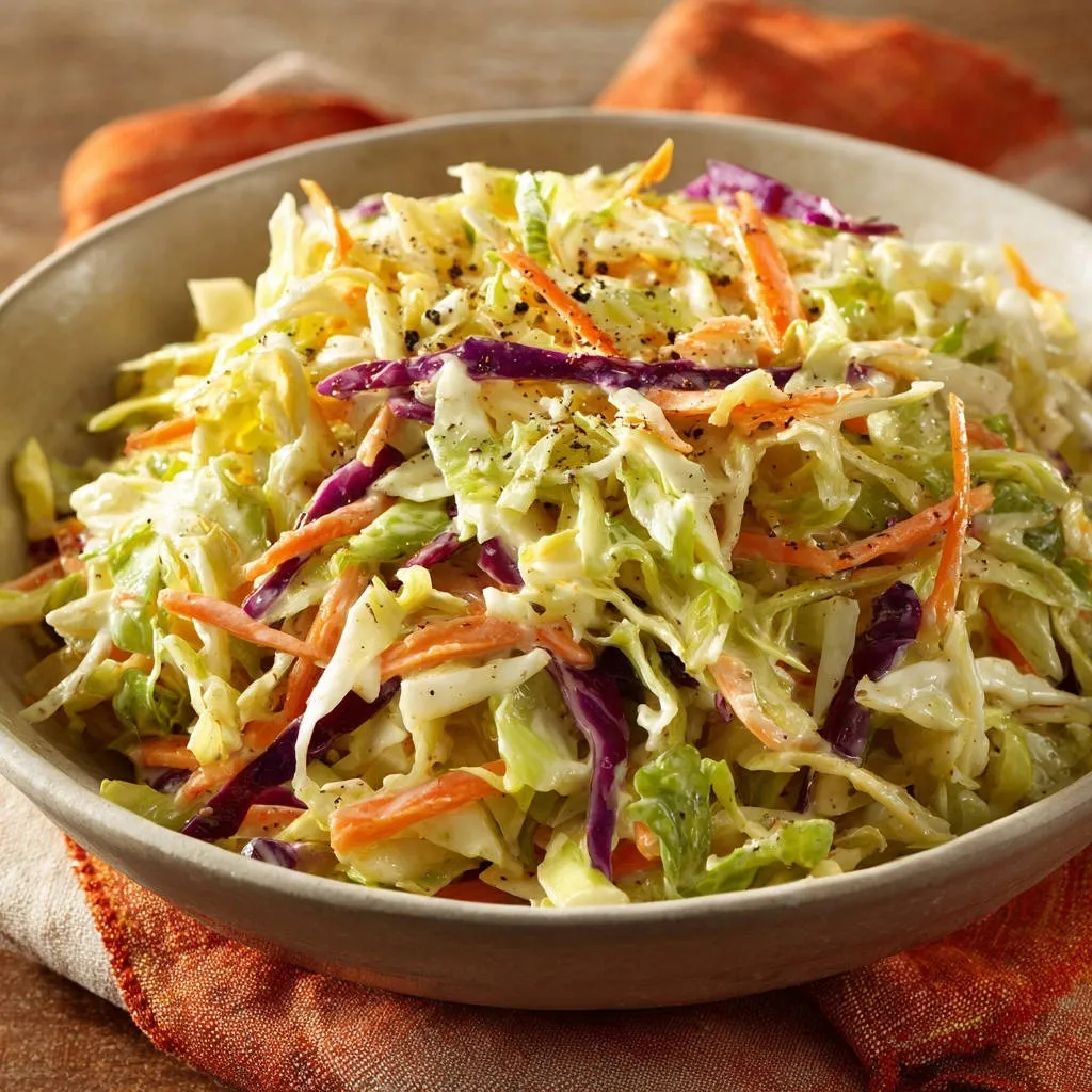 Creamy homemade coleslaw with shredded cabbage and carrots, served in a close-up view of a rustic bowl.