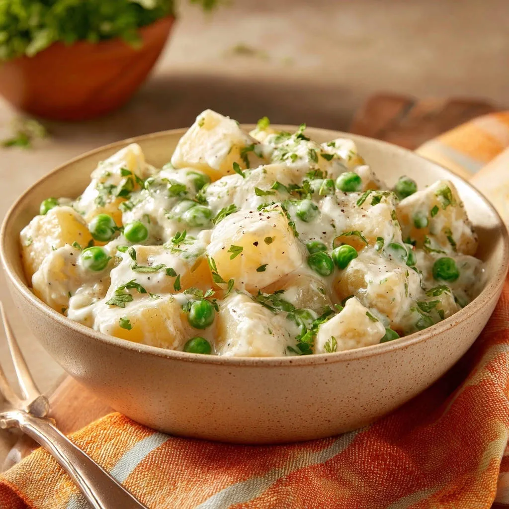 Creamy dill potato salad is presented in a close-up view within a rustic bowl, garnished with fresh parsley.