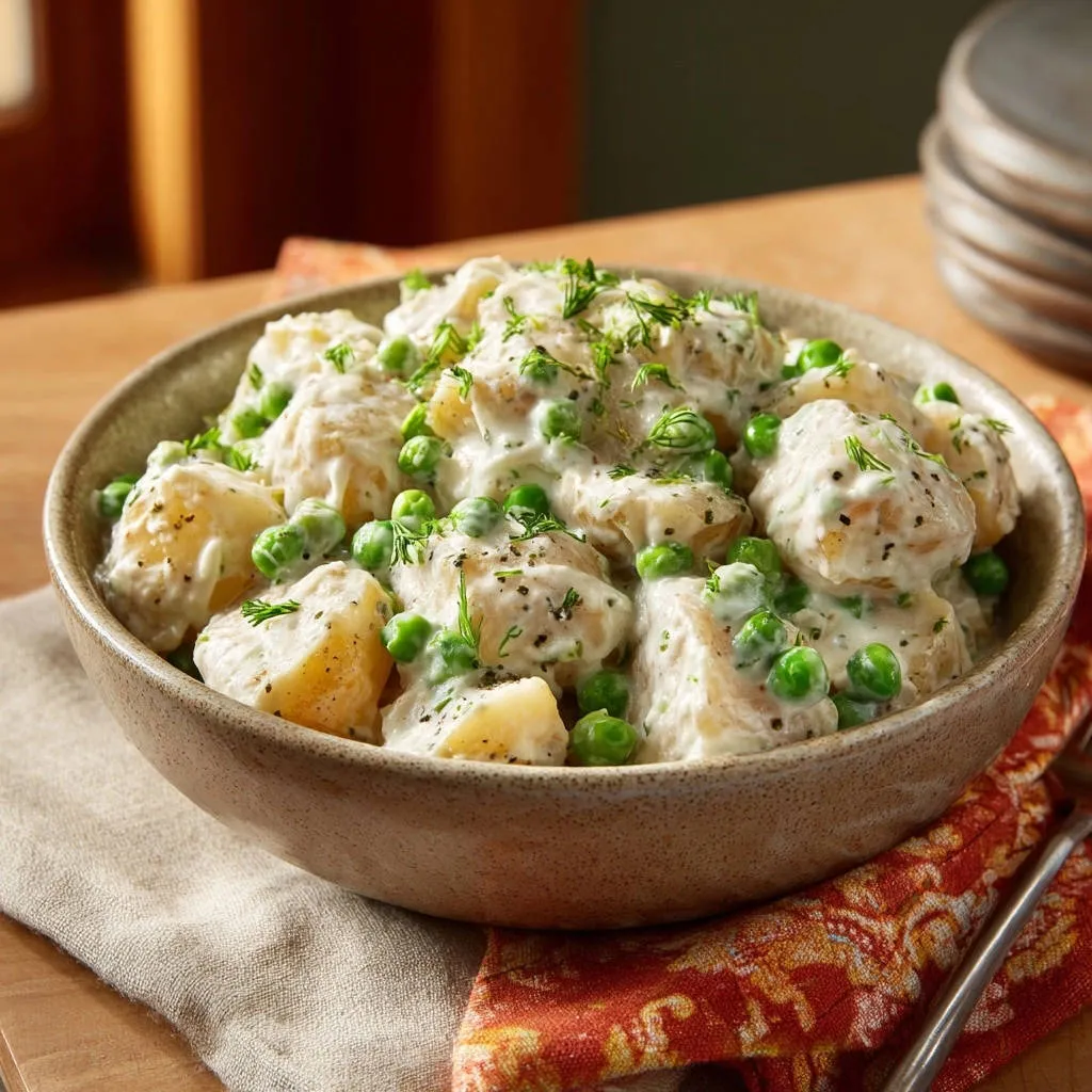 Creamy dill potato salad with peas and dill, shown in a close-up view within a rustic bowl.