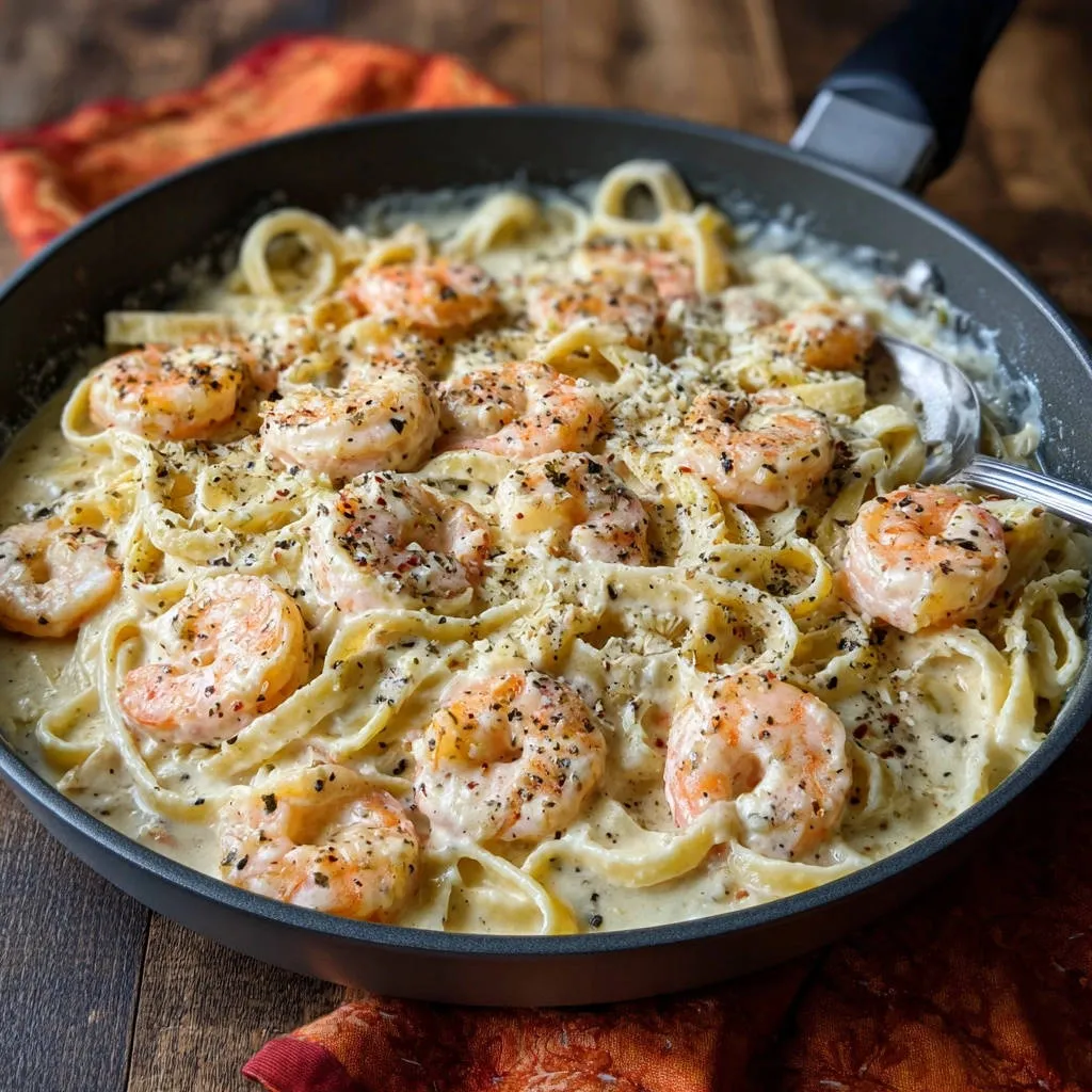 Creamy garlic shrimp alfredo in a skillet, showcasing the rich sauce and tender shrimp with a close-up view.