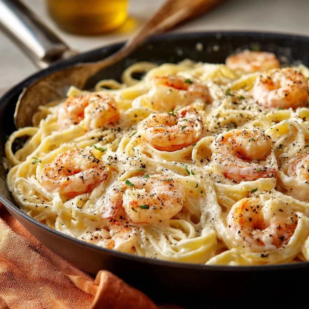 Creamy garlic shrimp pasta served in a black pan, showcasing plump shrimp and a rich, velvety sauce with a close-up view.