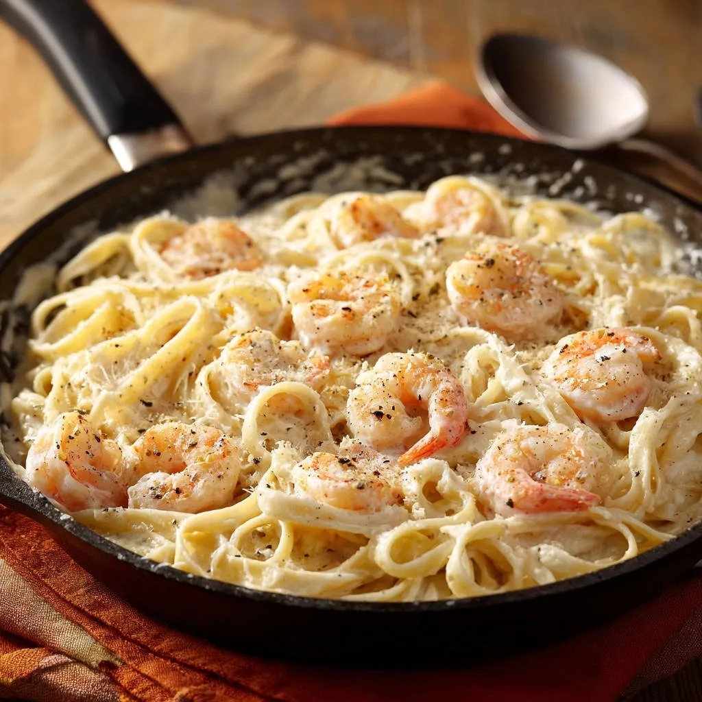 Creamy garlic shrimp pasta served in a black skillet, showcasing the rich sauce and tender shrimp.