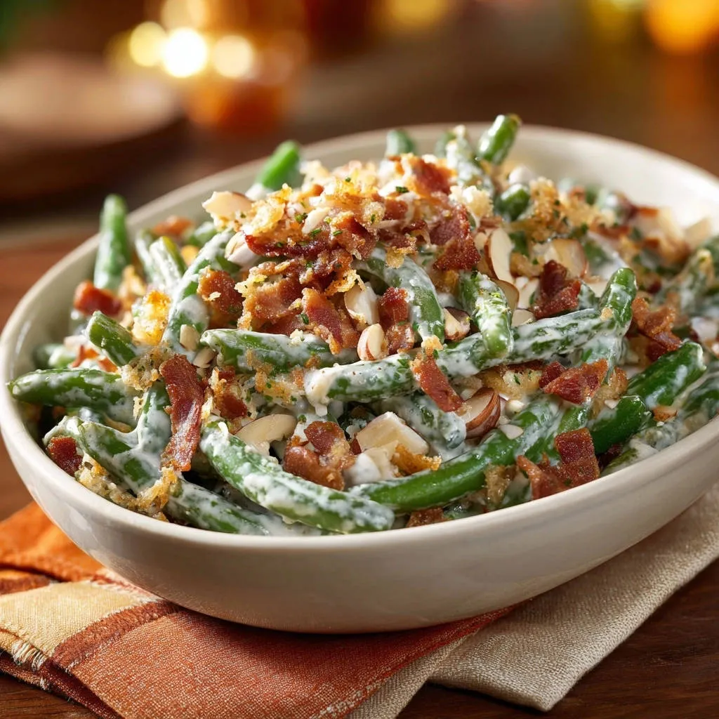 Creamy green beans with crispy topping shown in a close-up detail shot, highlighting the texture of the bacon and almonds.