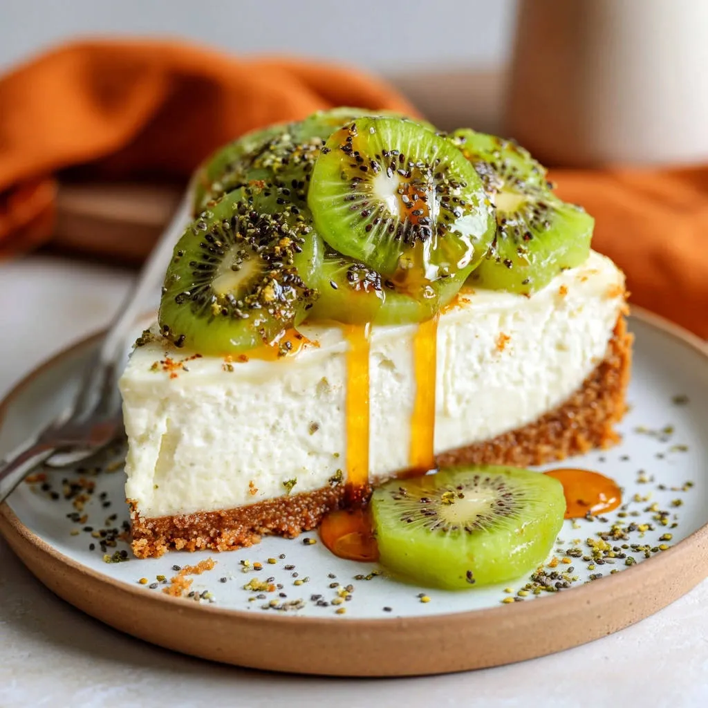 Creamy kiwi cheesecake, a plated slice with fresh kiwi slices, glaze, and chia seeds, showcasing its smooth texture.