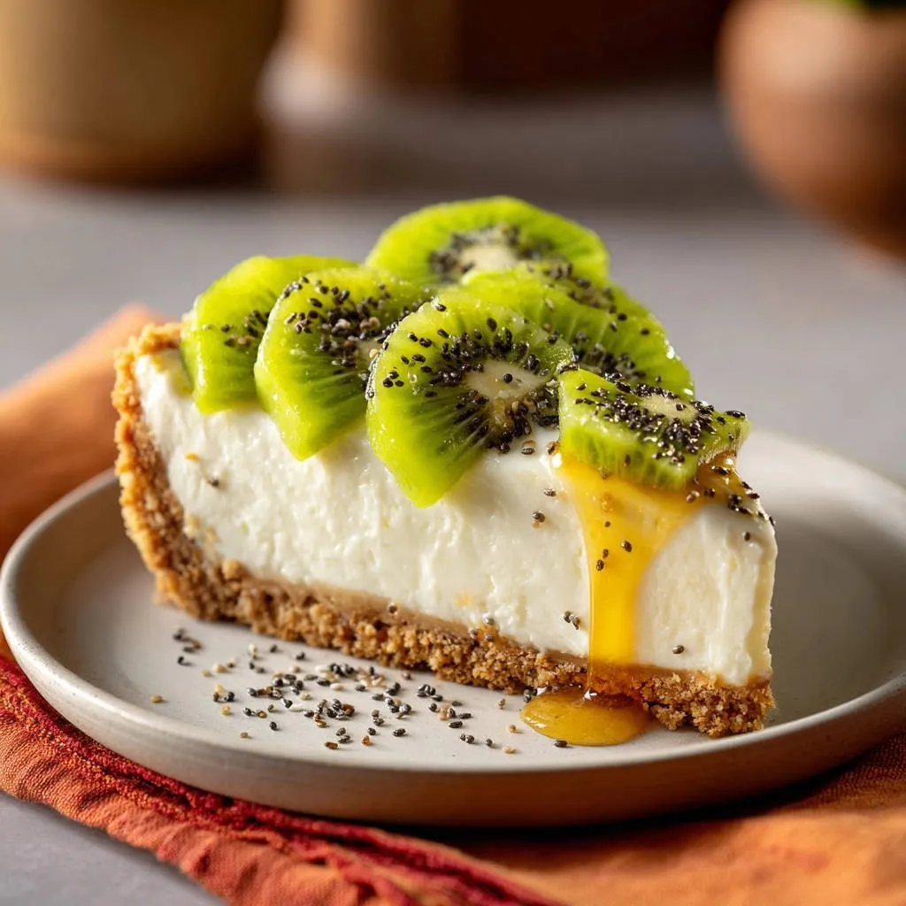 Creamy kiwi cheesecake slice with a drizzle of honey and scattered chia seeds on a plate.
