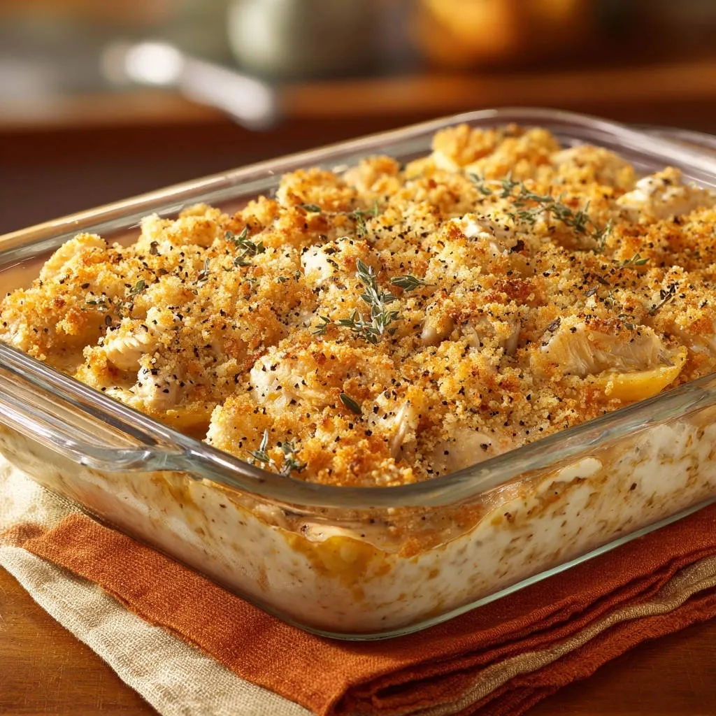 Creamy Lemon Herb Chicken Casserole with a golden, seasoned crumb topping and fresh thyme sprigs.