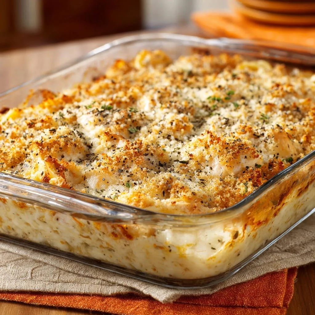 Creamy lemon herb chicken casserole with a golden brown breadcrumb topping and visible herbs.