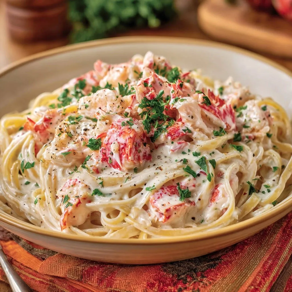 Creamy lobster fettuccine with a clingy sauce, garnished with parsley and black pepper, shown in a close-up view.