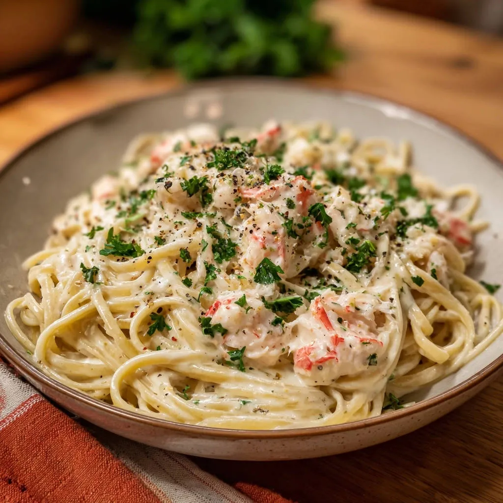 Creamy lobster fettuccine shown in a close-up view, generously garnished with fresh parsley and cracked black pepper.