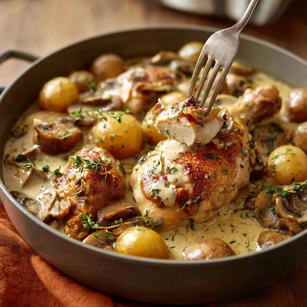 Creamy mushroom & thyme chicken with potatoes, showing a fork lifting a juicy cross-section of tender chicken.