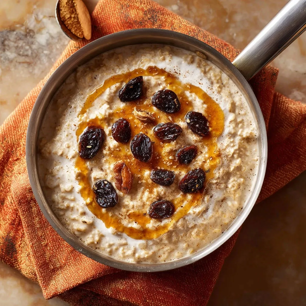 Perfectly creamy oatmeal with plump raisins and a glistening drizzle of syrup, showing a close-up texture.