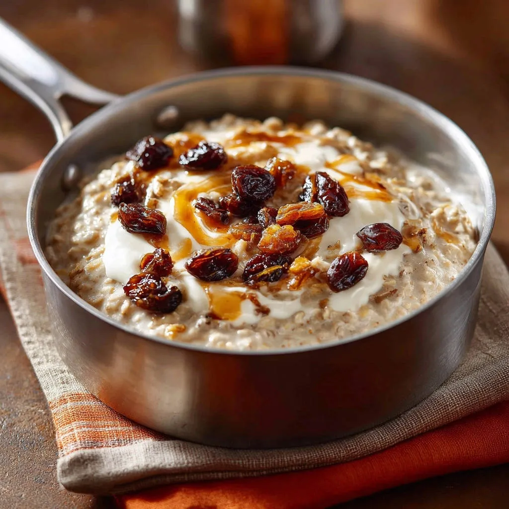 Perfectly creamy oatmeal topped with yogurt, raisins, and a drizzle of syrup in a saucepan.