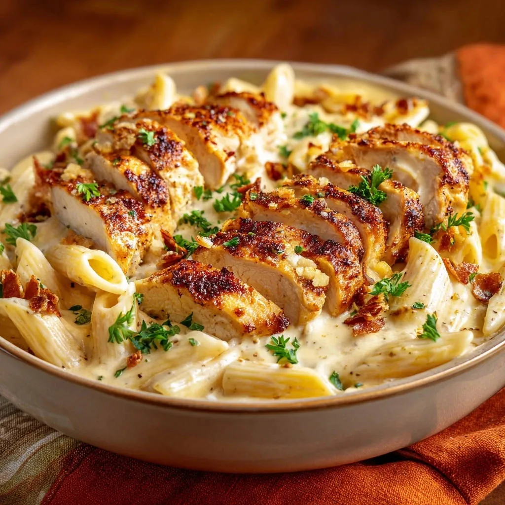 Creamy penne with seared chicken, sliced and served overhead in a bowl with parsley garnish.