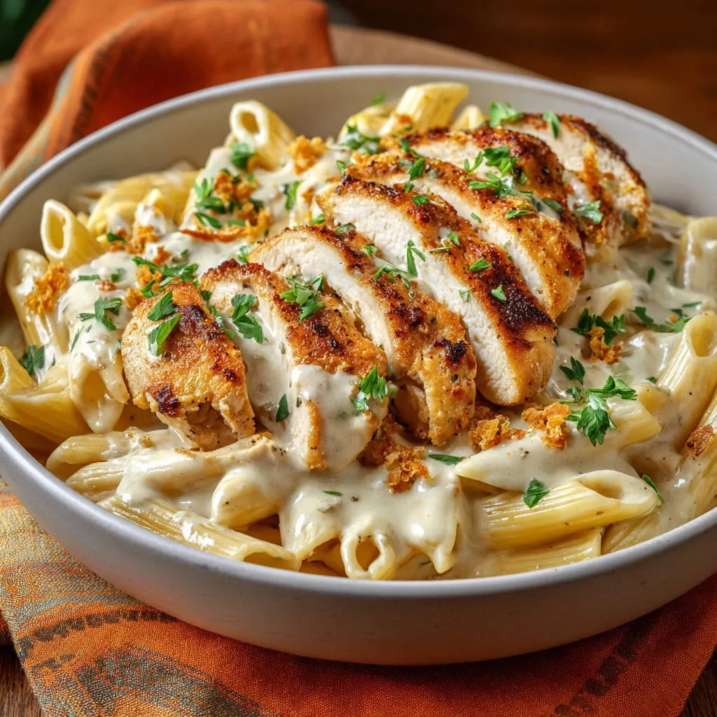 Creamy penne with seared chicken, sliced and garnished with parsley, served in a bowl.