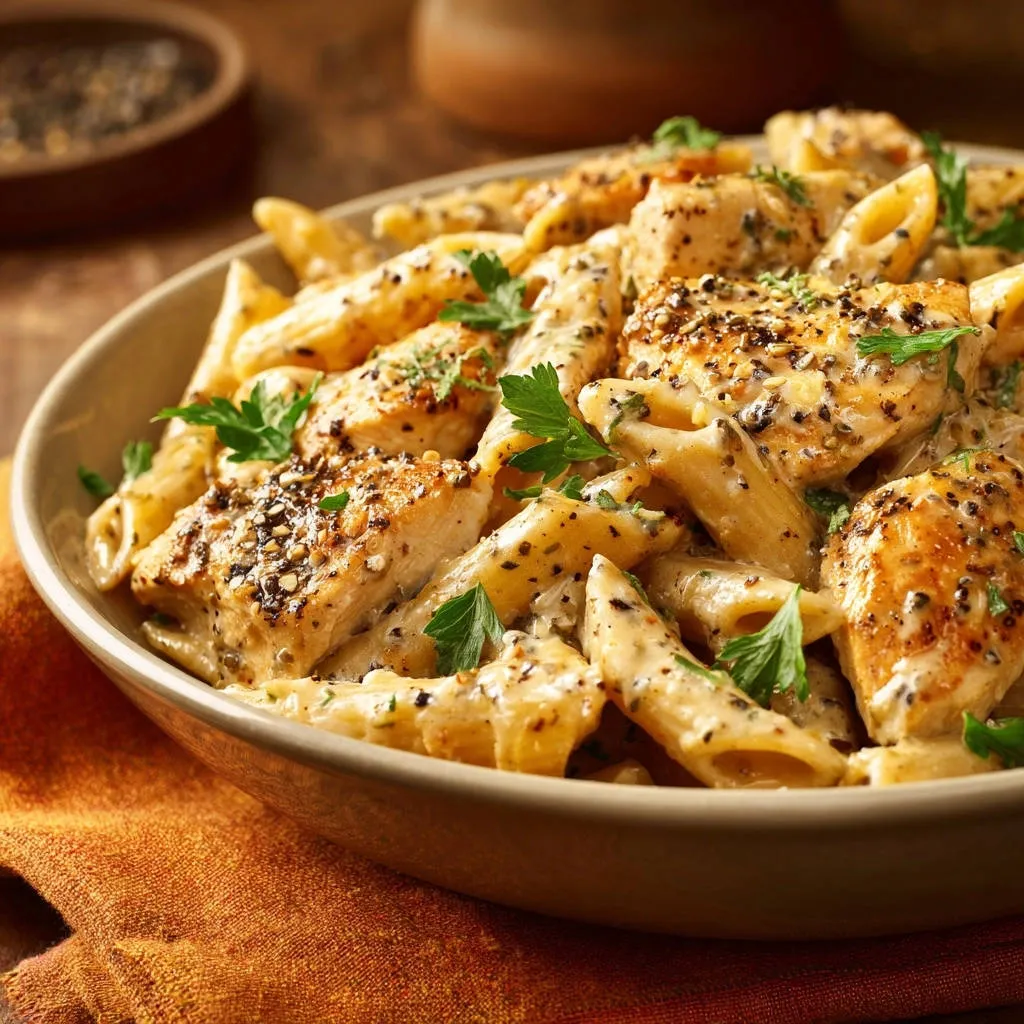 Creamy penne with chicken shown in a close-up view within a bowl, highlighting the creamy sauce and tender chicken pieces.