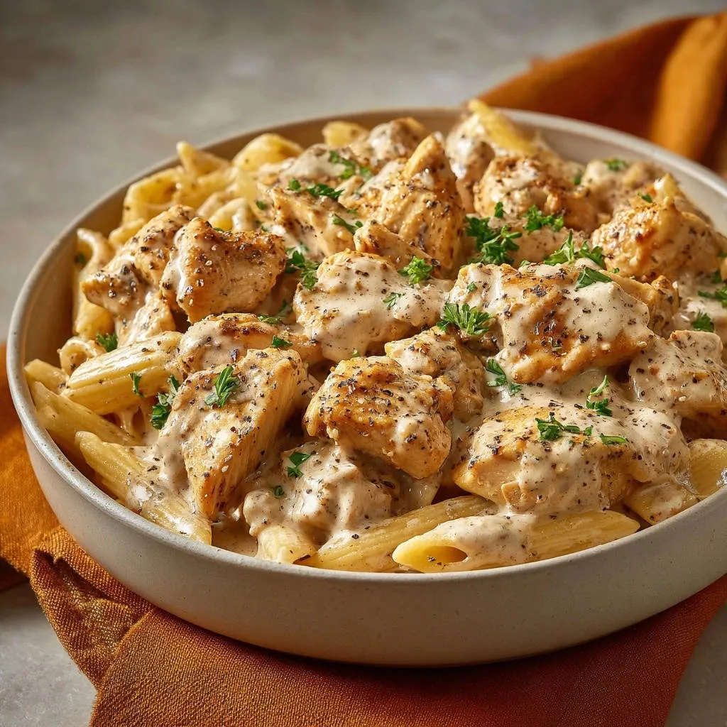 Creamy penne with chicken served in a rustic bowl, showcasing tender chicken pieces and creamy sauce.