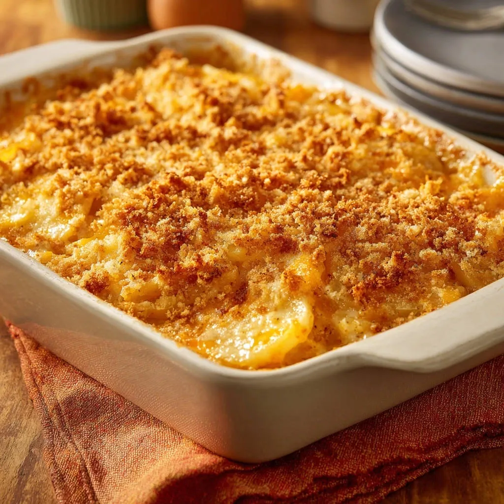 Creamy potato gratin with a golden-brown, baked crumb topping in a white baking dish.