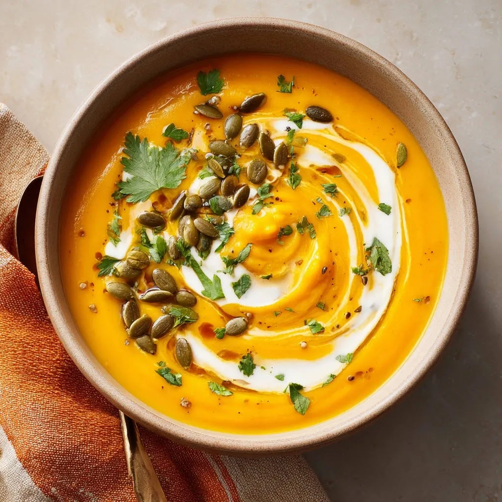 Creamy roasted butternut squash soup garnished with pumpkin seeds and parsley, shown from an overhead view.