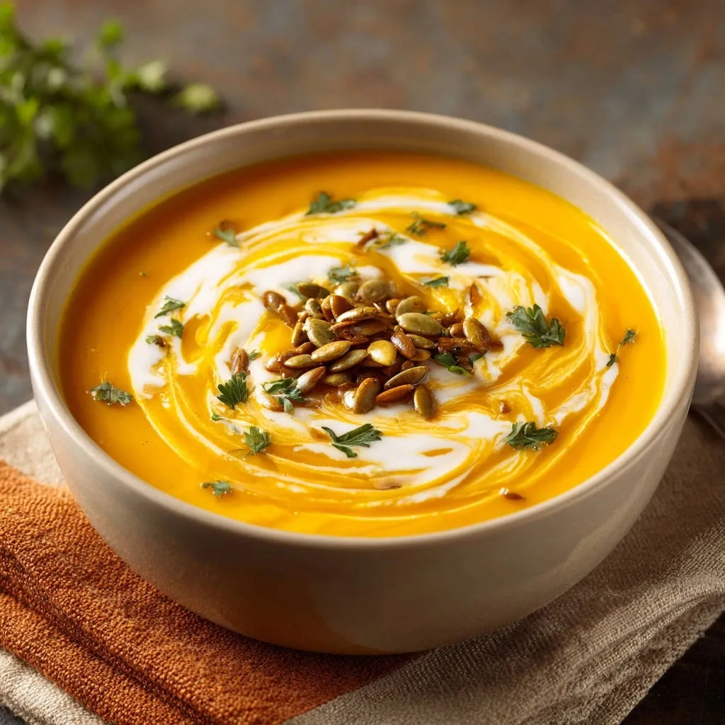Creamy roasted butternut squash soup with a swirl of cream and topped with pumpkin seeds and parsley.