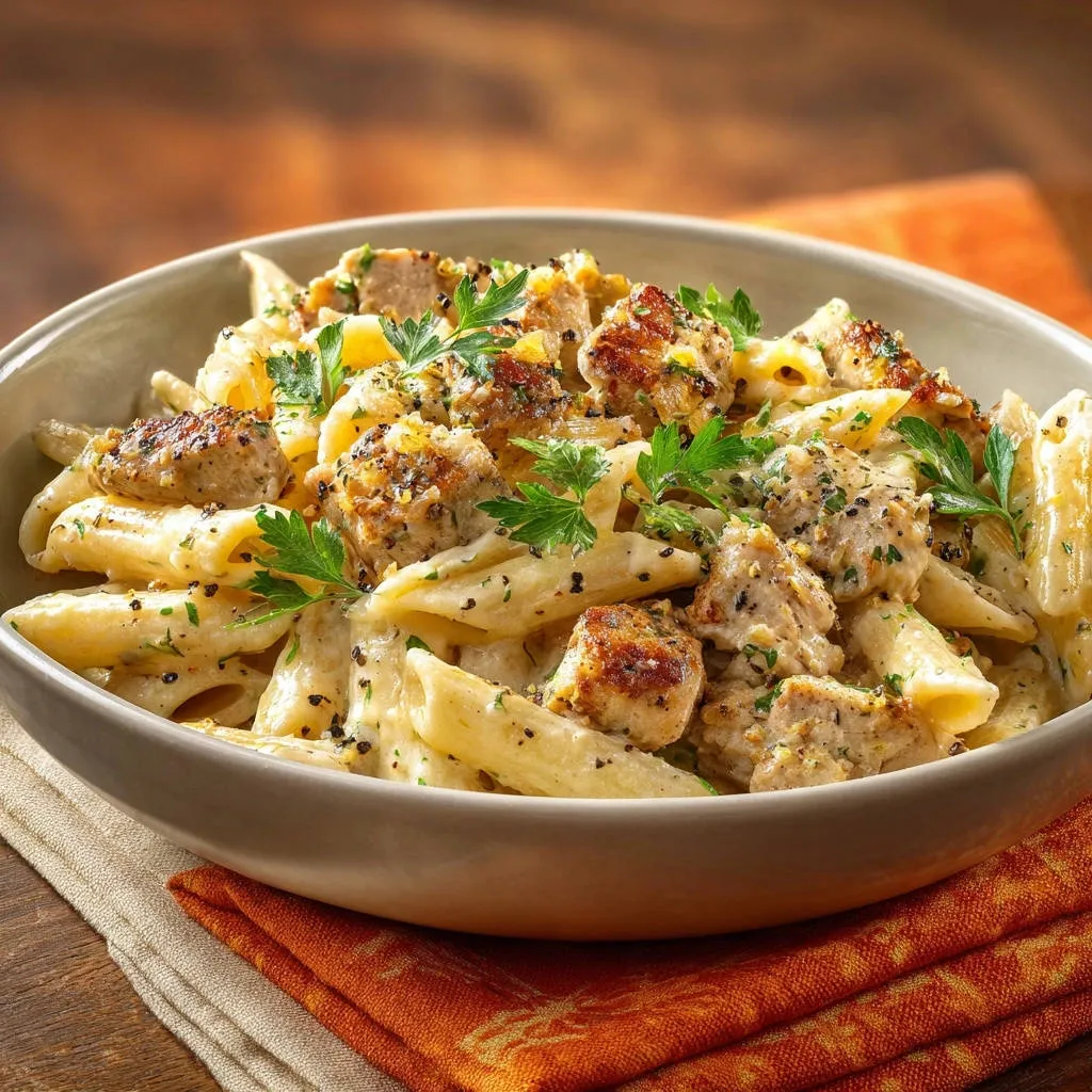 Creamy sausage pasta served in a bowl, showcasing penne pasta and sausage pieces with fresh parsley garnish.