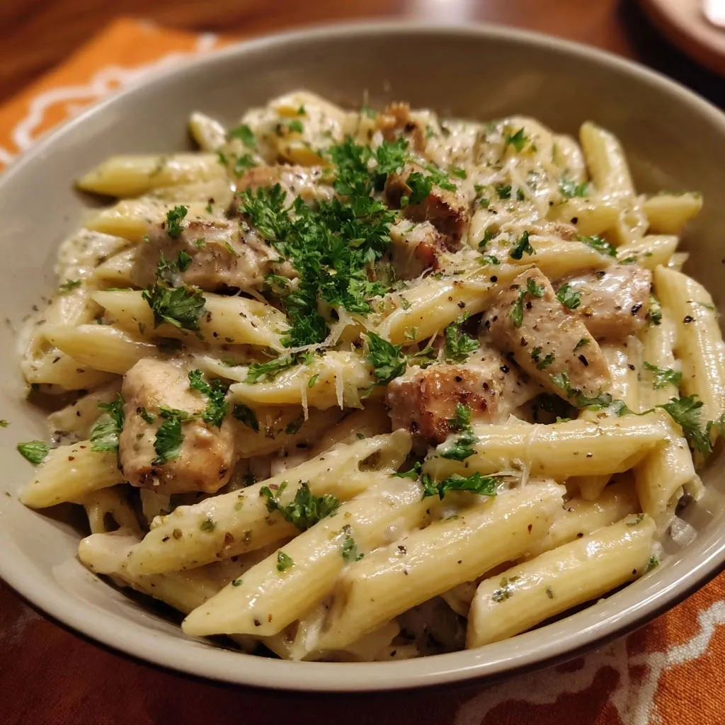 Creamy sausage pasta close-up featuring penne pasta, chicken pieces, and a vibrant parsley garnish.