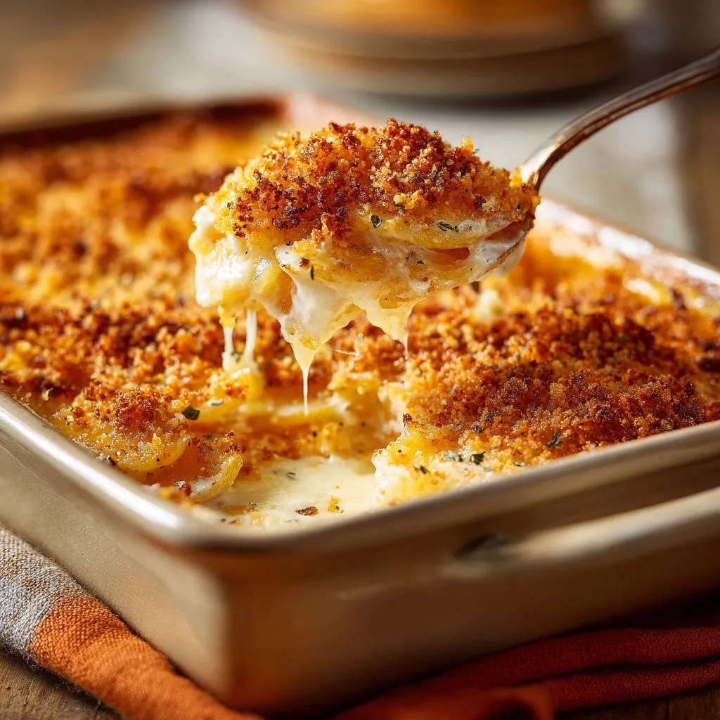 Creamy scalloped potatoes being scooped with a spoon, showing a delightful cheese pull and golden breadcrumb topping.