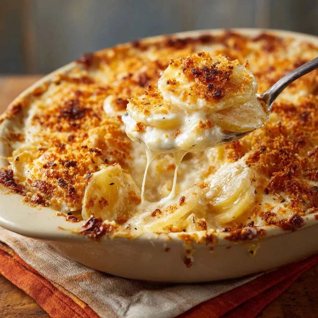 Creamy scalloped potatoes shown with a spoonful being lifted, showcasing a delicious cheese pull and golden topping.