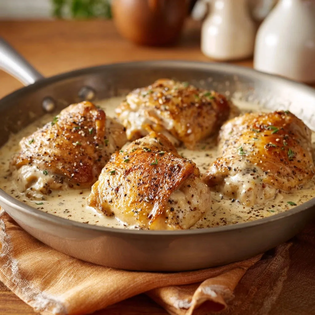 Creamy skillet chicken thighs with crispy skin simmering in a rich sauce in a stainless steel pan.