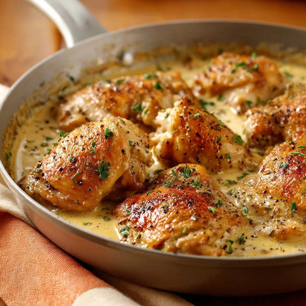 Creamy skillet chicken thighs with crispy skin nestled in a rich, savory sauce and garnished with parsley.