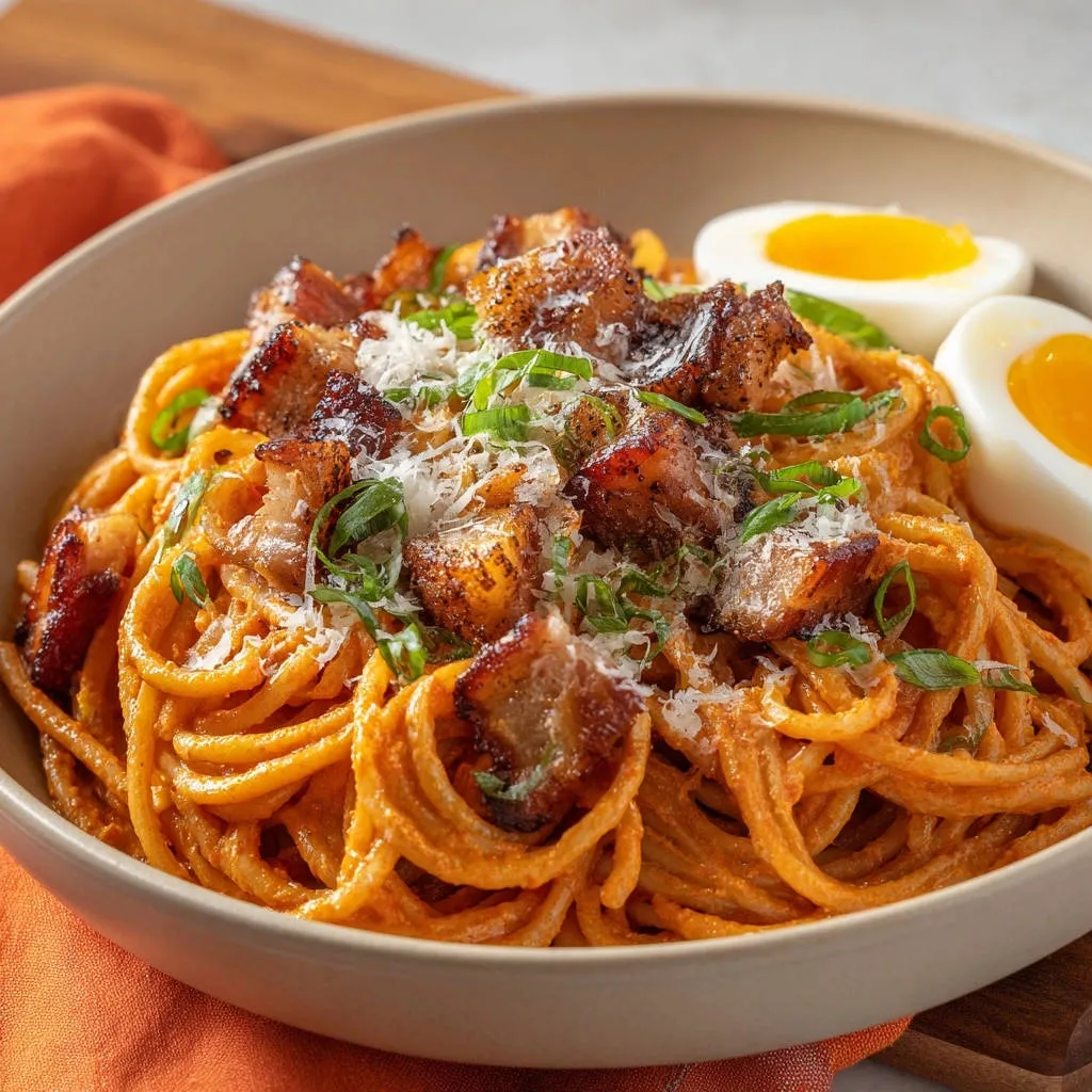 Creamy spicy spaghetti with crispy bacon served in a bowl, garnished with cheese and scallions, with a side of hard-boiled eggs.