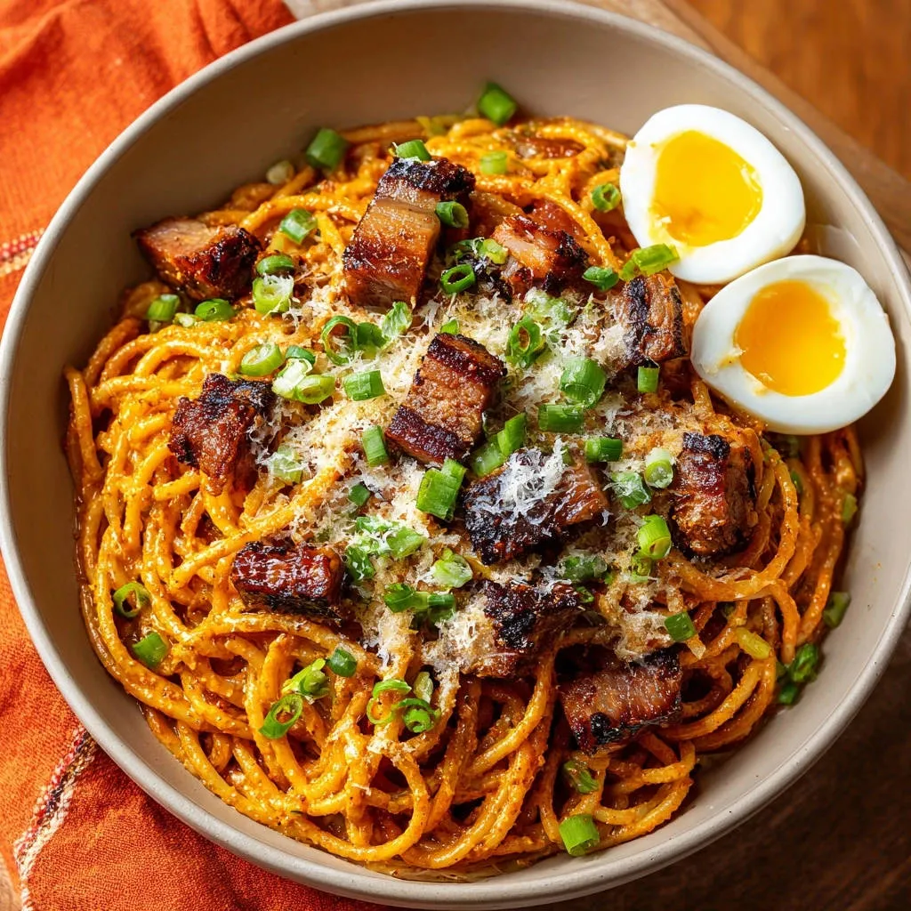 Creamy spicy spaghetti with crispy bacon served in a bowl, topped with green onions and parmesan, with soft-boiled eggs on the side.