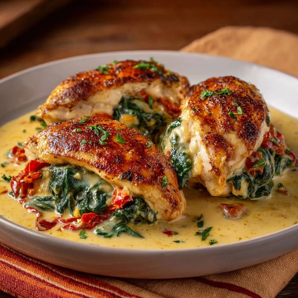 Creamy spinach and sun-dried tomato stuffed chicken shown in a close-up cross-section, revealing the juicy filling.