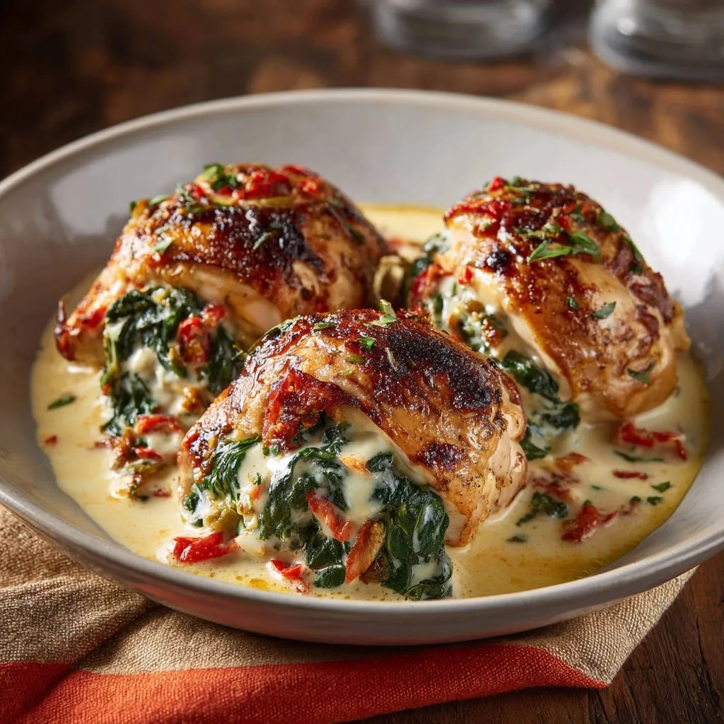 Creamy spinach and sun-dried tomato stuffed chicken with a detailed interior cross-section showing the filling.